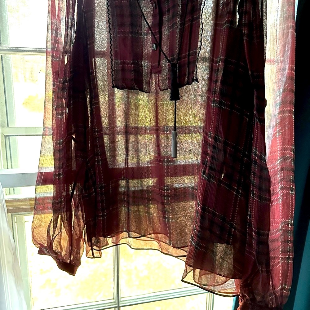 Women’s Coach Tartan Plaid Blouse size 12 Burgundy Lined w sheer black. NWT